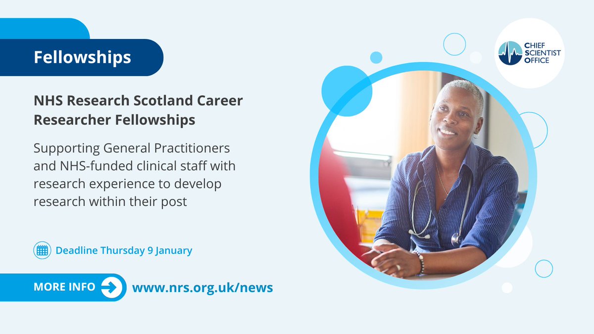 NHS Research Scotland (@nhsresearchscot) on Twitter photo Apply for <a href="/CSO_Scotland/">CSO(Health)Scotland</a>'s NHS Research Scotland Career Researcher Fellowships before Thursday 9 January, providing funding for protected time (two sessions) to contribute to, conduct, and lead clinical research.
Submit your application 🔗 cso.scot.nhs.uk/fellowship-fun… Apply for <a href="/CSO_Scotland/">CSO(Health)Scotland</a>'s NHS Research Scotland Career Researcher Fellowships before Thursday 9 January, providing funding for protected time (two sessions) to contribute to, conduct, and lead clinical research.
Submit your application 🔗 cso.scot.nhs.uk/fellowship-fun…