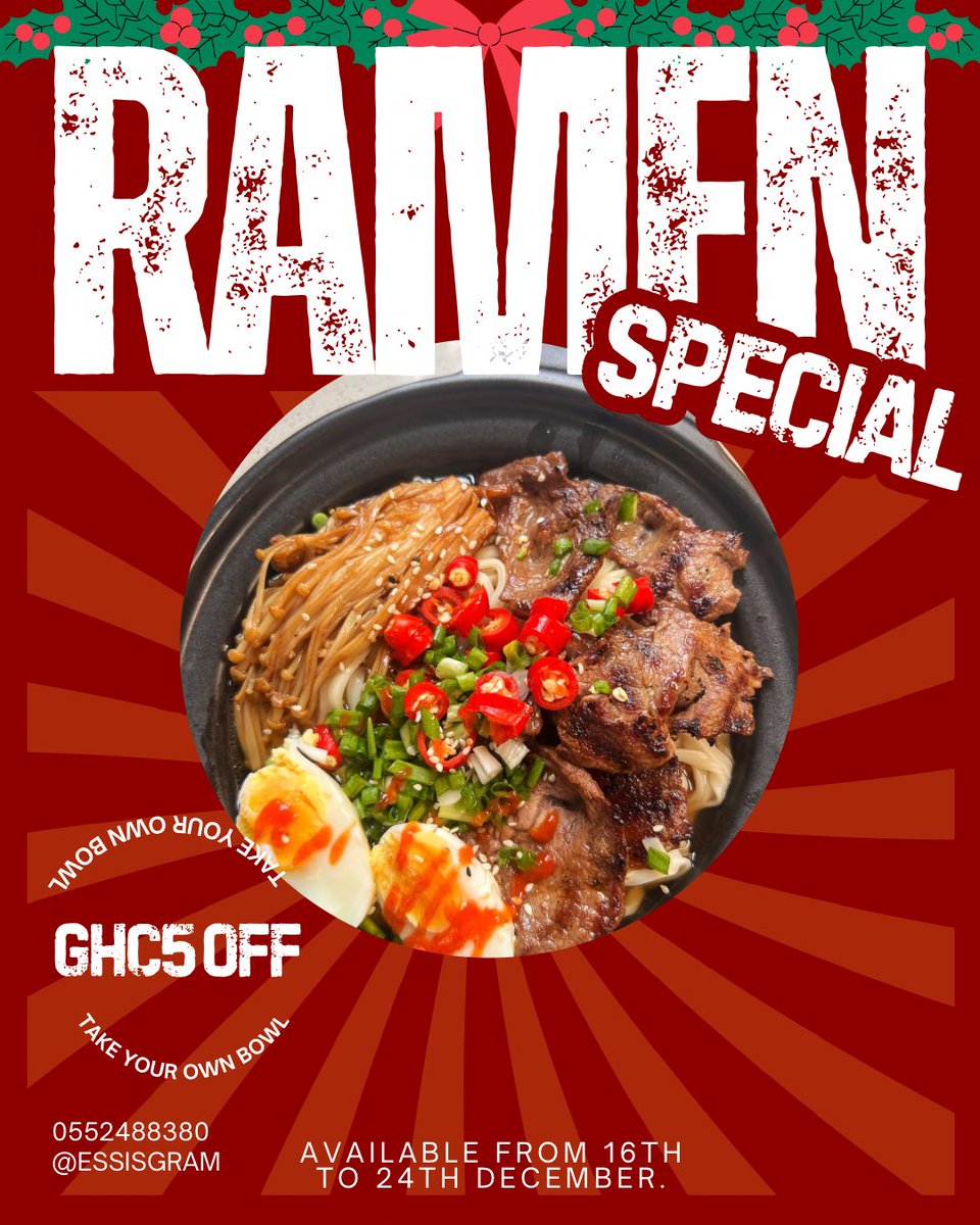 Times are tough! But we're trying. We will temporarily resume ramen delivery and pickup from 16th to 24th December. 

🎁 Special Offer: Get Ghc 5 off your order when you bring your own bowl for pickup. Let’s celebrate Christmas while staying eco-friendly! 🌍♻️ #takeyourownbowl