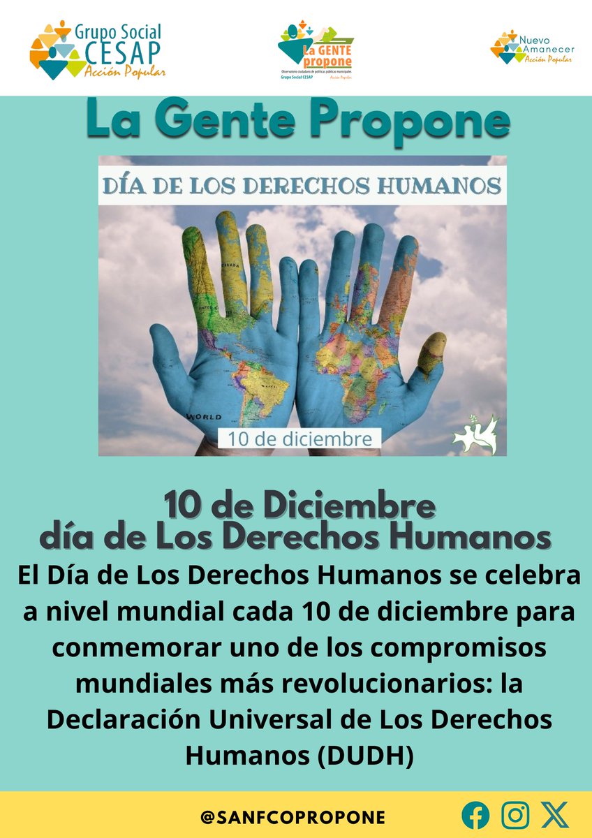 Sanfcopropone's tweet photo. 10 de Diciembre y celebramos el día mundial de los derechos humanos 
#LaGentePropone #SomosCesap #50AñosdeAccionPopular https://t.co/UffOPll9MA