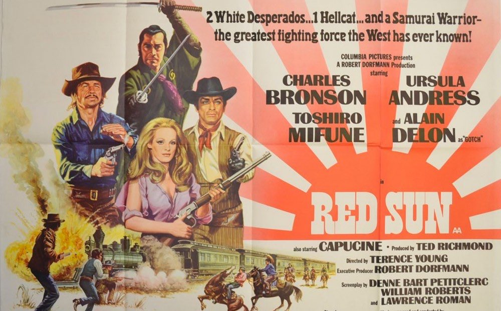 SaveRedlandLibr's tweet photo. 2:45pm TODAY on @Legend__Channel
The 1971 #SpaghettiWestern film🎥 “Red Sun” directed by #TerenceYoung from a screenplay by #DenneBartPetitclerc #WilliamRoberts + #LawrenceRoman & story by #LairdKoenig
🌟#CharlesBronson #UrsulaAndress #ToshirōMifune #AlainDelon #Capucine https://t.co/deN3oCtdTQ