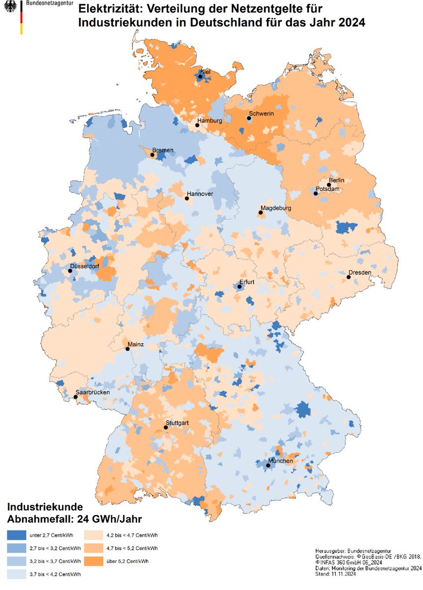 Immer wieder krass, wenn man bedenkt, dass wir im Norden einen strukturellen Stromüberschuss haben: 

Dort sollten wir neue industrielle Stromverbraucher anlocken.

So wird das nichts.