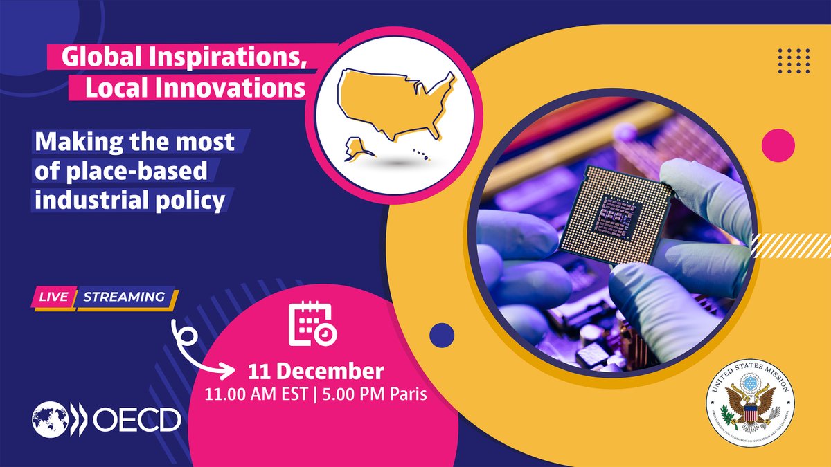 🏗️ <a href="/OECD/">OECD ➡️ Better Policies for Better Lives</a>-<a href="/USOECD/">U.S. Mission to OECD</a> joint webinar: Making the most of place-based industrial policy

🌍How are countries across the OECD using place-based strategies to strengthen strategic sectors?

Join us to learn directly from practitioners and policy makers in 🇺🇸🇩🇪🇨🇦🔗brnw.ch/21wPjBp