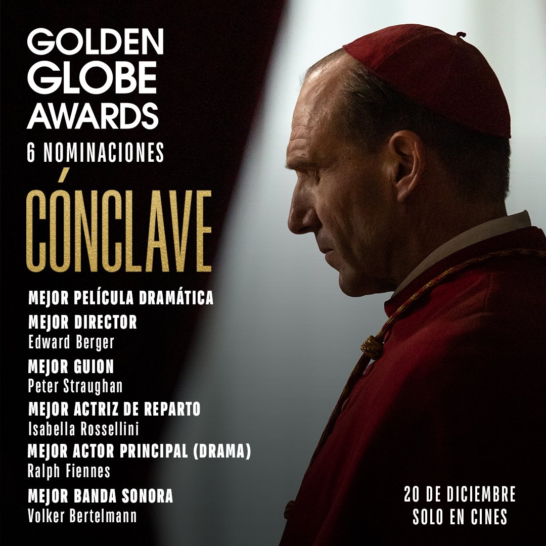 DeAPlaneta's tweet photo. Teníamos fe, y los Globos de Oro nos han bendecido:

¡6 nominaciones para 'Cónclave'! Película, actor, actriz secundaria, guion, banda sonora y director. 

El 20 de diciembre tienes una cita ineludible en el cine.

Que Dios os pille confesados 🙏 https://t.co/QECg6VVR63