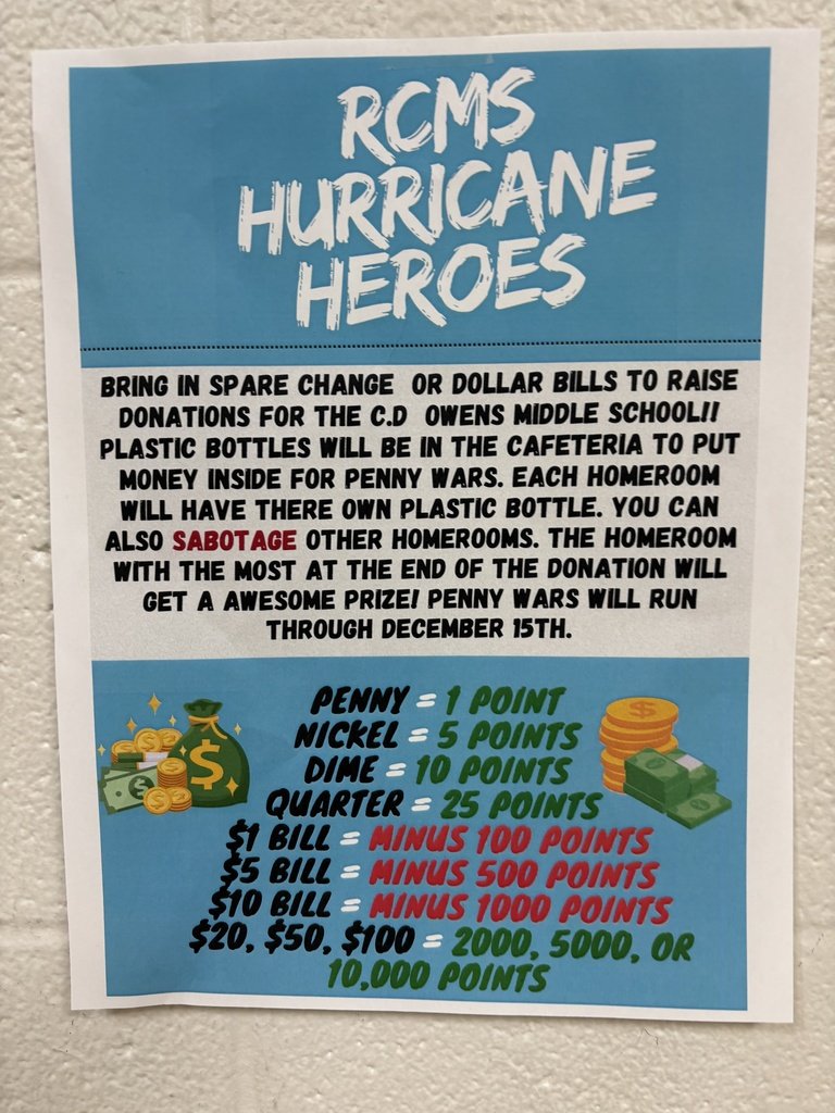 RowanSchools's tweet image. 🌪️❤️ Rowan County Middle School is stepping up for C.D. Owens Middle School after the hurricane! Join the Penny Wars to help collect change for those affected. Together, we can make a difference! 💪 #POL #Globalcitizen #RCSchools