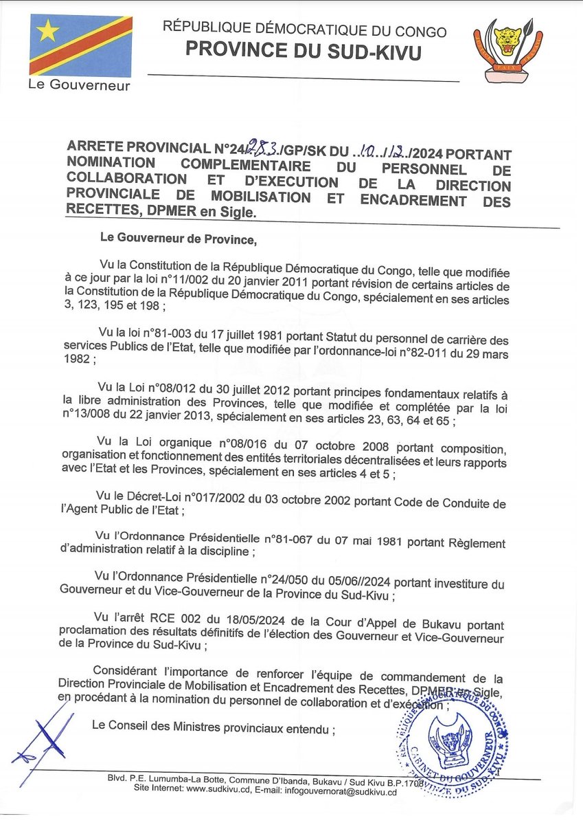 GouvSudkivu's tweet photo. Restructuration complète de la Direction Provinciale de mobilisation et encadrement des recettes #DPMER, par de nouvelles unités à travers un arrêté signé par le Gouverneur de Province. #SudKivu #RDC https://t.co/XwoDvgrdil
