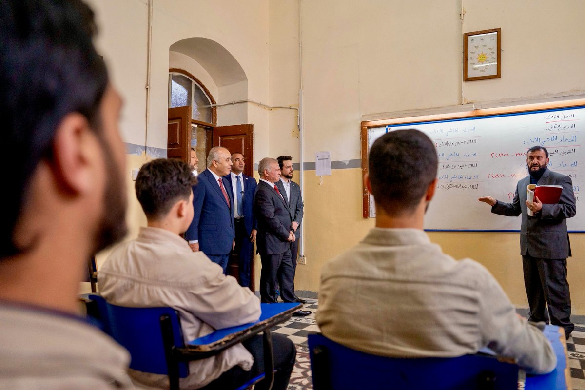 PetranewsEN's tweet photo. His Majesty King Abdullah II, accompanied by His Royal Highness Crown Prince Al Hussein, visits #Salt Secondary School, which was established in 1923 as the first secondary school in #Jordan #Balqa https://t.co/a2Cr0fSm0Y