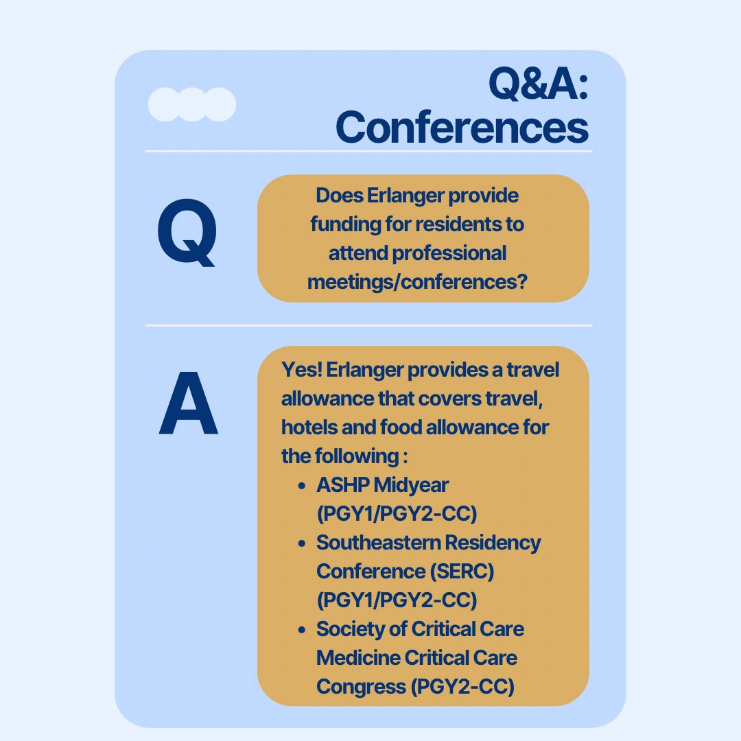 🚨FAQs: Conferences 🤓

You can find us ASHP Midyear TODAY from 8am-11am at Booth #5401! 

❓Want to learn more about Erlanger’s Pharmacy Residencies? Submit your questions in our story, message us, or find us at midyear!