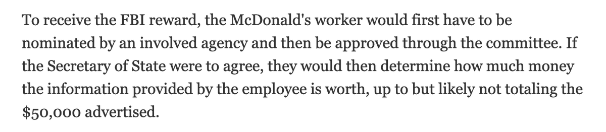 The McDonald's employee is going to get shafted on the reward, aren't they? Karmic chef's kiss.