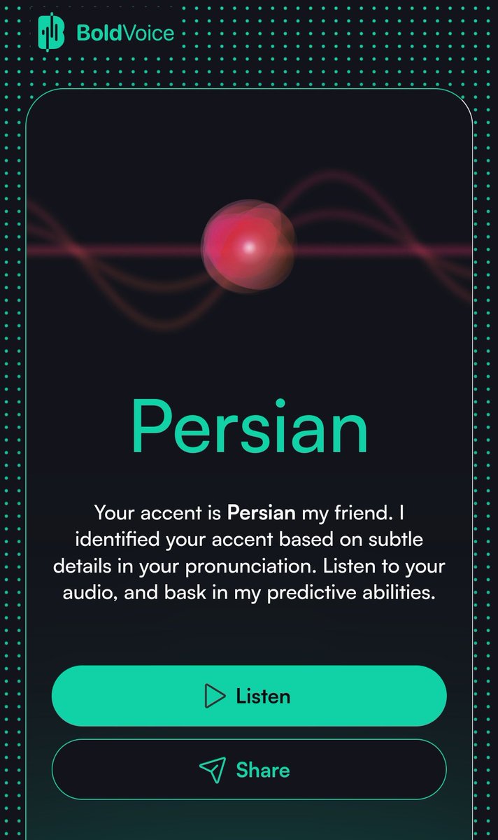 baconst4r's tweet photo. Have i learned nothing about speaking English? I thought I had very little Persian accent 😭 but 96%? https://t.co/UM7Ia4Fzch
