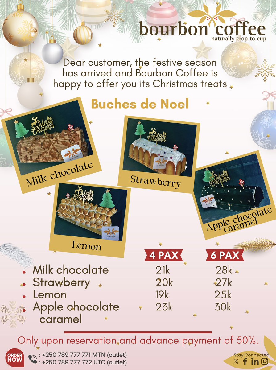 The treat of the Season!! 🎄🎅🧑‍🎄

#bourboncoffee #bourbonbakery  #christmastreats🎄#buchedenoel #tastetheseasonaway #bourboncoffeerwanda#bourboncoffeecakes

For Reservations: BourbonCoffee Outlets 
+250 789777771 ( MTN)
+250 789777772 ( KTC) former UTC