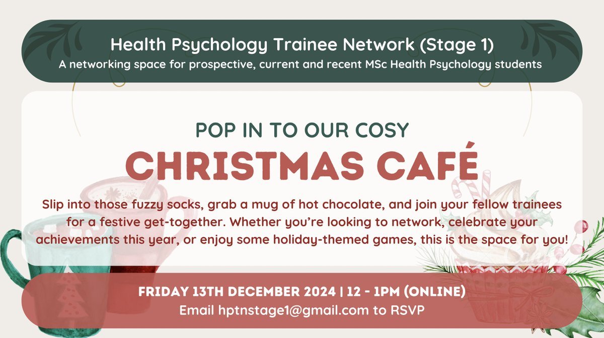 Health Psychology Trainee Network (MSc/Stage 1) (@hptn_stage1) on Twitter photo Join us this Friday! 🎄✨ We’ve had an incredible year of Conversation Cafés, and we’re thrilled to wrap it up with a festive get-together to celebrate. Don’t miss this chance to connect and reflect! 📩 Email hptnstage1@gmail.com to RSVP Join us this Friday! 🎄✨ We’ve had an incredible year of Conversation Cafés, and we’re thrilled to wrap it up with a festive get-together to celebrate. Don’t miss this chance to connect and reflect! 📩 Email hptnstage1@gmail.com to RSVP