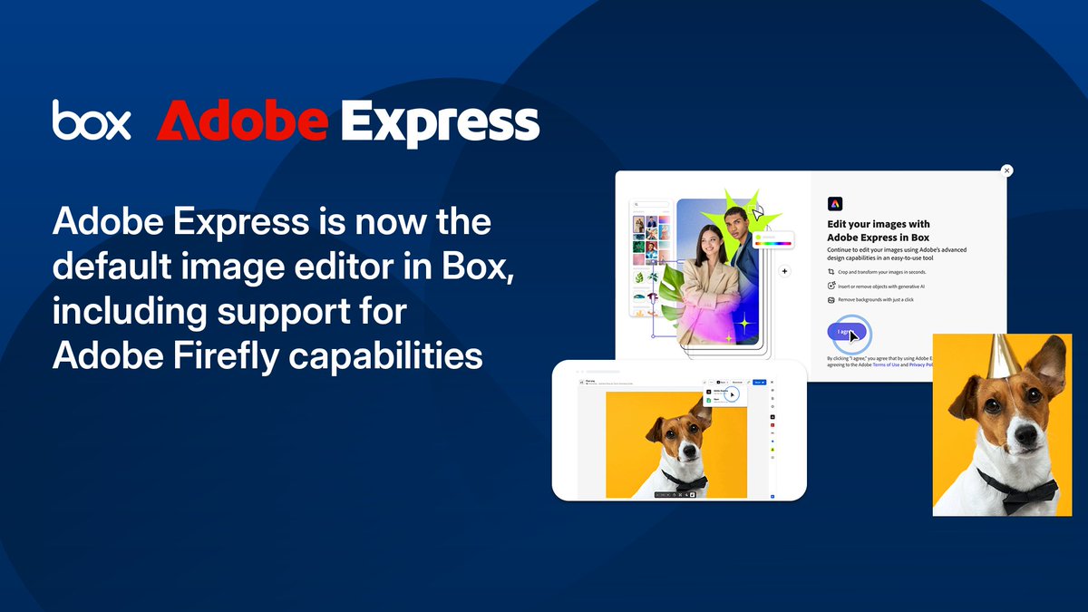 Box's tweet photo. Say hello to Adobe Express directly in Box 👋

With content being generated faster than ever, we are bringing the power of @Adobe Express to where your creative content already lives. Now, Box users can create, edit, and leverage Firefly AI directly from Box.

Learn more here: https://t.co/qeqhENd9i6