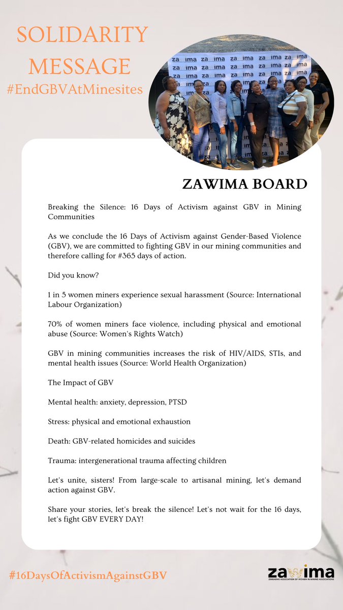 zawima_org's tweet photo. As we wrap up #16DaysOfActivismAgainstGBV, our board has a message for you🧡
#365DaysOfAction #EndGBVAtMinesites https://t.co/A4ouiLnacS
