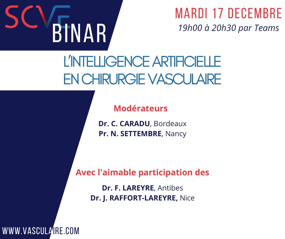 SCVE_fr's tweet image. J-7! Mardi 17 décembre à 19h00 via Teams
SCVEbinar#4 : L'INTELLIGENCE ARTIFICIELLE EN CHIRURGIE VASCULAIRE
Lien de connexion : teams.microsoft.com/l/meetup-join/…