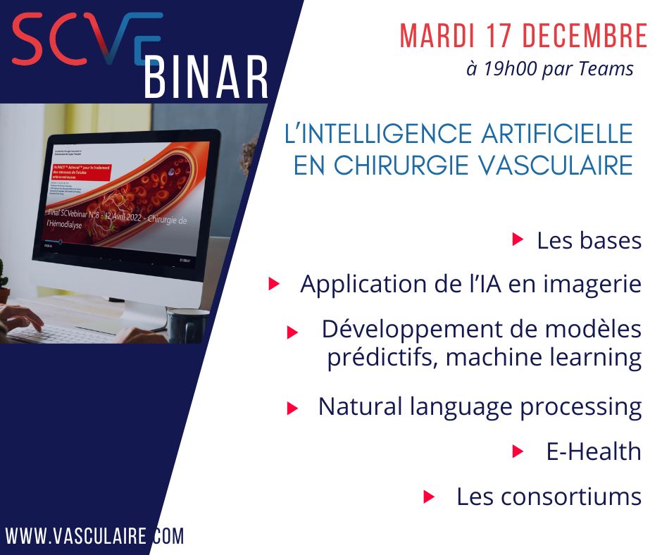 SCVE_fr's tweet image. J-7! Mardi 17 décembre à 19h00 via Teams
SCVEbinar#4 : L'INTELLIGENCE ARTIFICIELLE EN CHIRURGIE VASCULAIRE
Lien de connexion : teams.microsoft.com/l/meetup-join/…