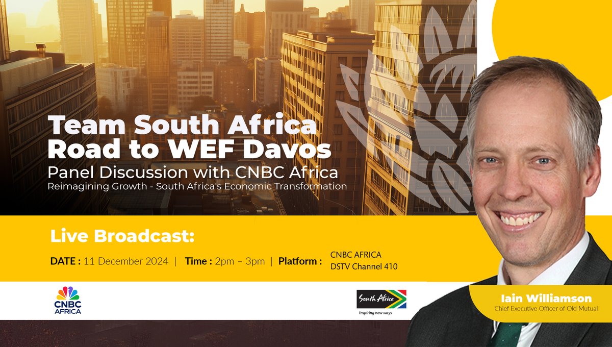 cnbcafrica's tweet photo. [COMING UP] Tomorrow, join CNBC Africa for an exclusive panel on 'Reimagining Growth: South Africa's Economic Transformation' as the country gears up for the 2025 World Economic Forum. @Brand_Sa

📅 Date: Wed, 11 Dec 2024  
⏰ Time: 2-3 PM  
📺 DStv Channel 410  

#WEF2025 https://t.co/wduzk9aXZC