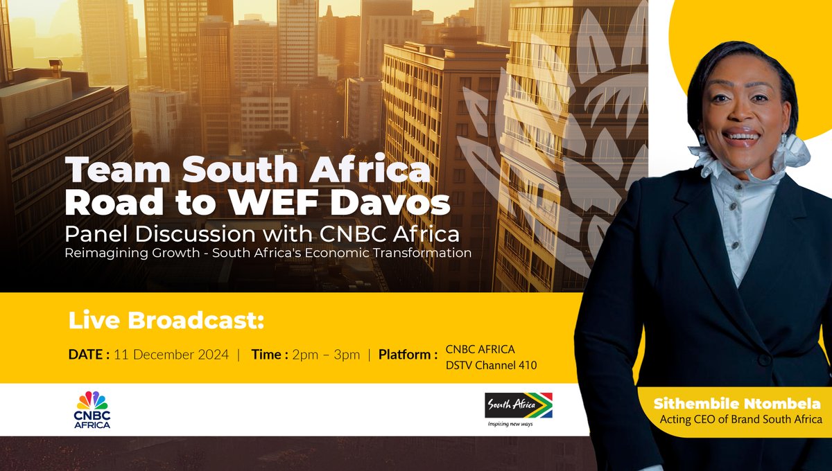 cnbcafrica's tweet photo. [COMING UP] Tomorrow, join CNBC Africa for an exclusive panel on 'Reimagining Growth: South Africa's Economic Transformation' as the country gears up for the 2025 World Economic Forum. @Brand_Sa

📅 Date: Wed, 11 Dec 2024  
⏰ Time: 2-3 PM  
📺 DStv Channel 410  

#WEF2025 https://t.co/wduzk9aXZC