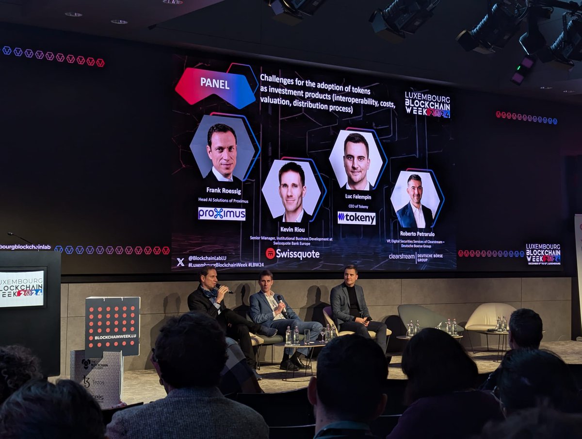 BlockchainLabLU's tweet photo. #LBW24 panel "Challenges for the adoption of tokens as investment products (interoperability, costs, valuation, distribution process)" with Frank Roessig, @proximus, Kevin Riou, @Swissquote, Luc Falempin, @TokenySolutions, Roberto Petrarulo, @Clearstream
๐https://t.co/wNQcoMQ0dG https://t.co/Ju9xFXbv9u
