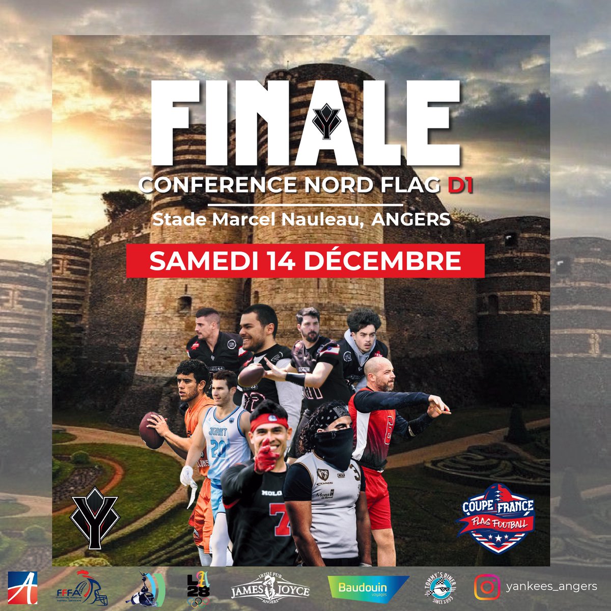 Angers's tweet photo. Réservez votre samedi 14 décembre pour la finale de conférence D1 de Flag Football 🏈

Les 8 meilleures équipes du Nord de la France s'affronteront, en vue de décrocher une place en finale nationale🏆

🎟️Entrée gratuite 
📍Stade Marcel Nauleau

#sportangers #angers #ladalleangevine
@LaDalleAngevOFF 
@YankeesAngers