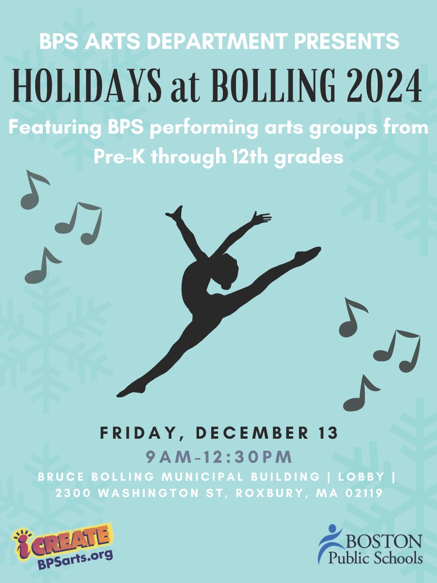 BPS Arts Expansion (@bpsicreate) on Twitter photo Don't miss out on Pre-K through 12th grade student performances at the annual <a href="/BostonSchools/">BostonPublicSchools</a> Holidays at Bolling event on December 13, Friday, 9AM-12:30PM at the Bruce Bolling Building Lobby. #BPSArts4All Don't miss out on Pre-K through 12th grade student performances at the annual <a href="/BostonSchools/">BostonPublicSchools</a> Holidays at Bolling event on December 13, Friday, 9AM-12:30PM at the Bruce Bolling Building Lobby. #BPSArts4All