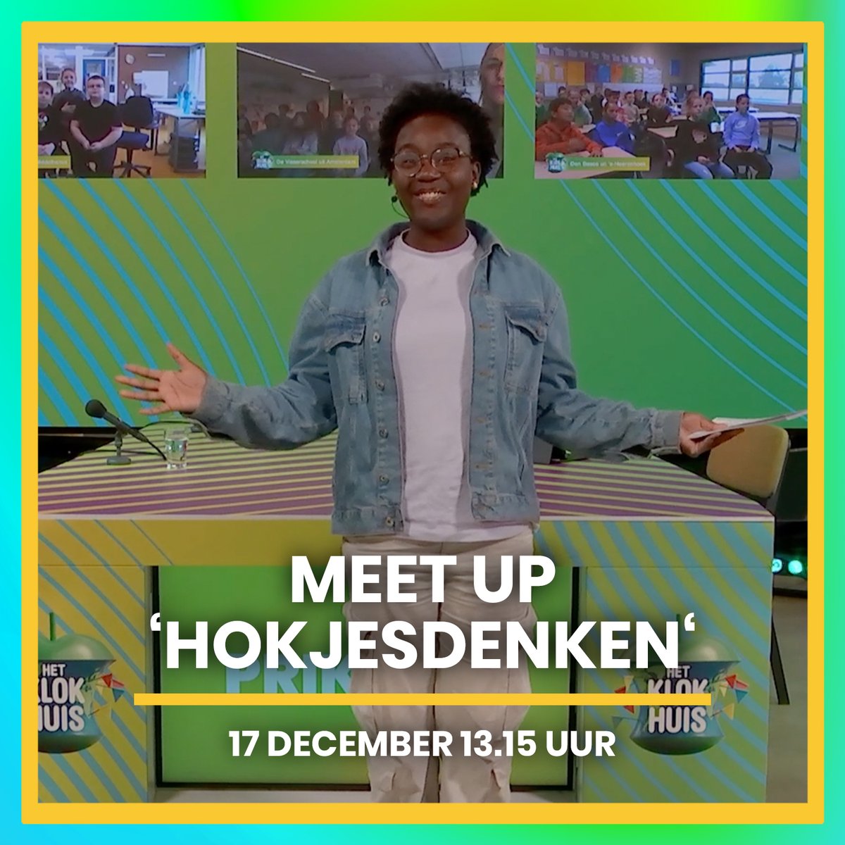 Dinsdag 17 december kun je om 13.15 uur deelnemen aan de Klokhuis Meet Up. We gaan tijdens een livestream in gesprek over ‘hokjesdenken'. 

Wil je kijken, meepraten of een vraag stellen? 🤔 Kijk op klokhu.is/meetup_hokjesd…