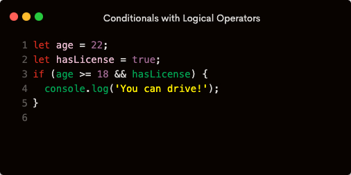 VarunDeva's tweet image. Conditionals with Logical Operators

You can combine if statements with logical operators (&amp;amp;&amp;amp;, ||, !) to create more complex conditions.

#LogicalOperators #ComplexConditions