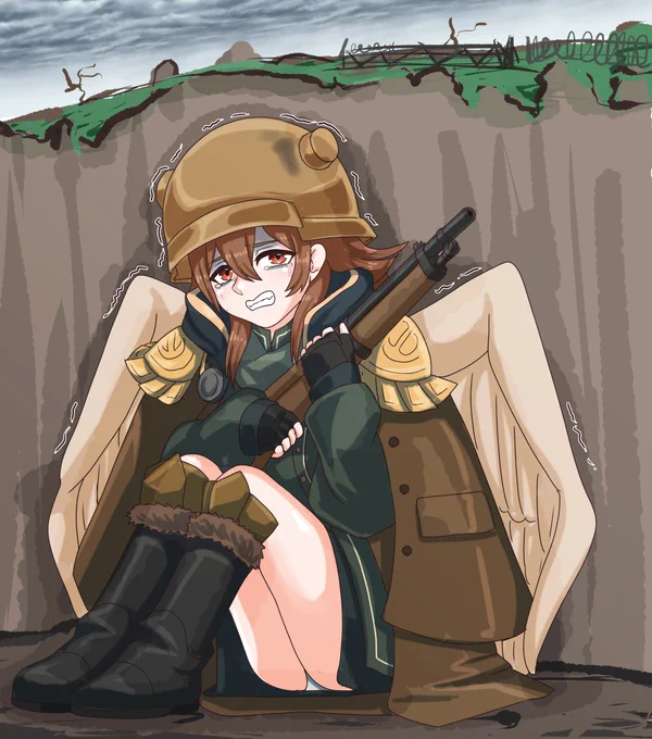 #オリキャラ戦場に行った有翼兵の少女と再会。以前、汽車の中で会ったときはカメラにピースをしてくれたが、今の彼女にはその余裕はなくなってしまったようだ。 