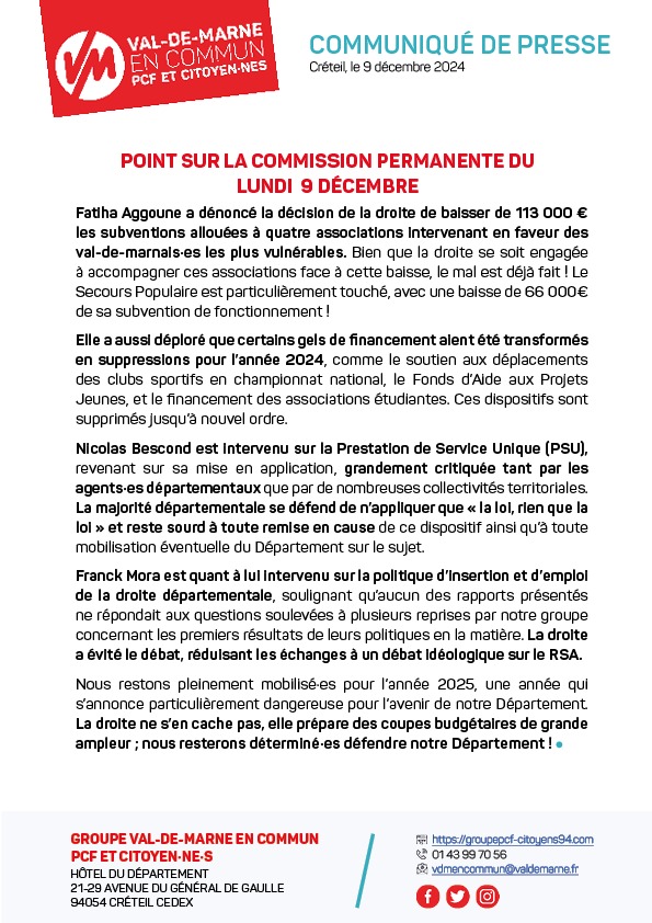 🔴 Point sur la Commission permanente du lundi 9 décembre. 

Ce matin, les conseillers départementaux du Val-de-Marne ont examiné 62 rapports. À cette occasion, les élu•es du groupe Val-de-Marne en Commun sont intervenu•es sur de nombreux sujets.