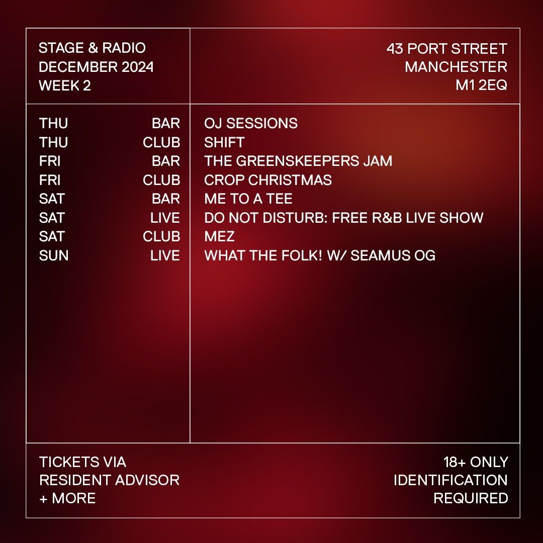 December Week 2: Christmas comes early &gt;&gt; 

Ringing in the second week of the festive period, the highly anticipated CROP CHRISTMAS fills every inch of dance floor space on Saturday (+ lots more). 

Tickets via RA, Skiddle + OTD - link in bio.

18+ / ID Required.