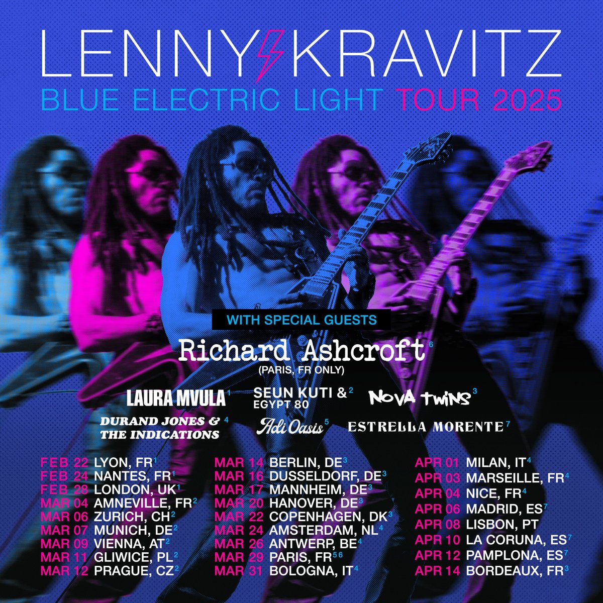 Lenny Kravitz (@lennykravitz) on Twitter photo BLUE ELECTRIC LIGHT TOUR 2025 ON SALE NOW ⚡️ WITH SPECIAL GUESTS
<a href="/richardashcroft/">Richard Ashcroft</a> <a href="/lauramvula/">LAURA MVULA</a> @realseunkuti @novatwinsmusic @dj_indications @estrellamorente & Adi Oasis
lennykravitz.com/tour BLUE ELECTRIC LIGHT TOUR 2025 ON SALE NOW ⚡️ WITH SPECIAL GUESTS
<a href="/richardashcroft/">Richard Ashcroft</a> <a href="/lauramvula/">LAURA MVULA</a> @realseunkuti @novatwinsmusic @dj_indications @estrellamorente & Adi Oasis
lennykravitz.com/tour