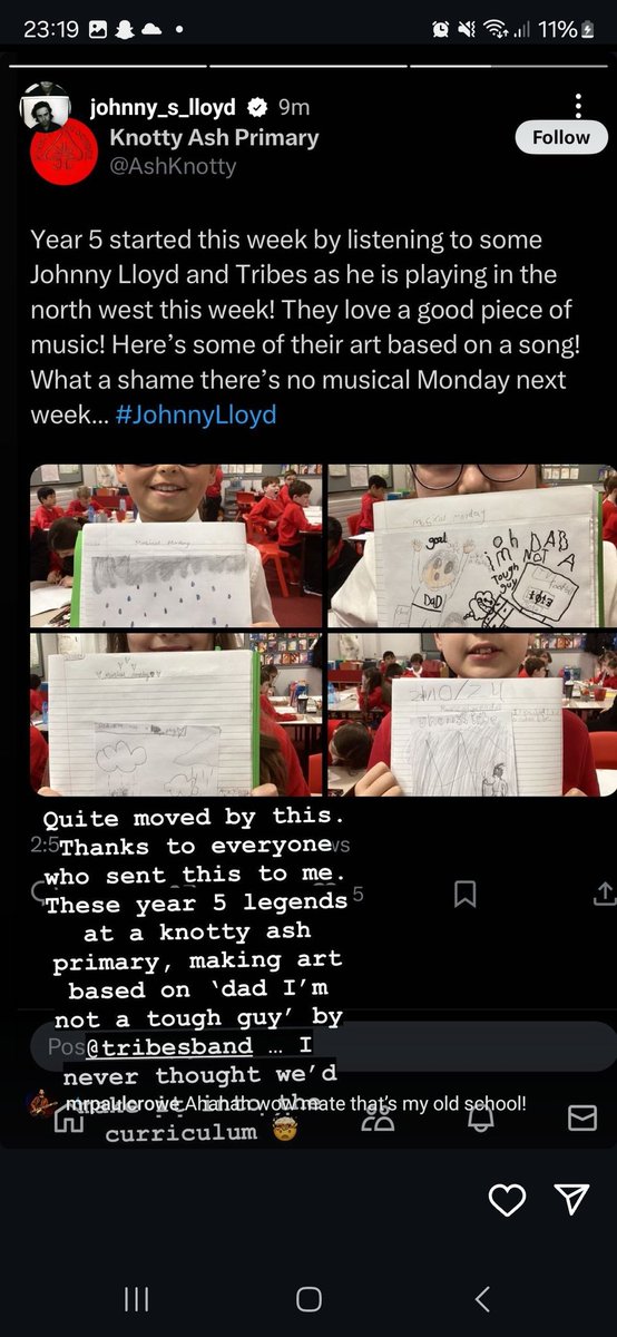 AshKnotty's tweet photo. Year 5 were so made up that @tribesband and Johnny Lloyd reposted our work that we've been working on a thank you at lunch times! What do you think? If you're ever in L'pool, come say hi! If Johnny needs any backing singers at the @thejacclub we will be practising! #Johnnylloyd https://t.co/C1rnDzkofX