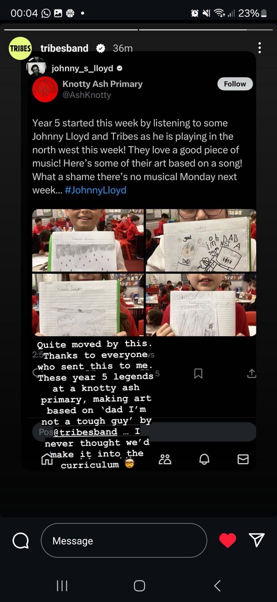 AshKnotty's tweet photo. Year 5 were so made up that @tribesband and Johnny Lloyd reposted our work that we've been working on a thank you at lunch times! What do you think? If you're ever in L'pool, come say hi! If Johnny needs any backing singers at the @thejacclub we will be practising! #Johnnylloyd https://t.co/C1rnDzkofX