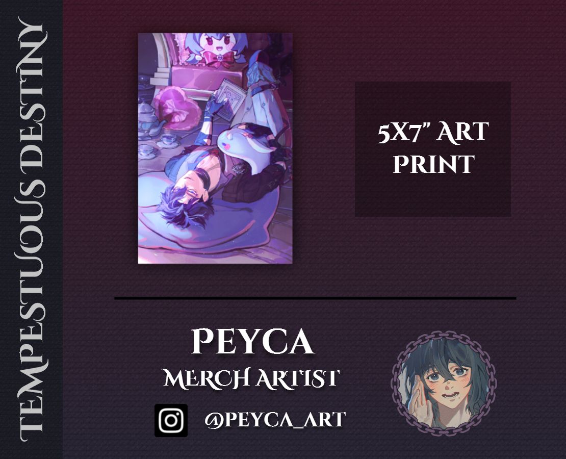 ⛓️ Merch Preview!⛓️ 
As one of our talented merch artists, <a href="/Peyca3/">Peyca</a>'s art print depicts the Duke in his rare docile state of relaxation. Don't let seeing him like this go to your head.

📅 Preorders Open: Nov 14th—Dec 22nd
🔗 tempestuousdestinyzine.bigcartel.com