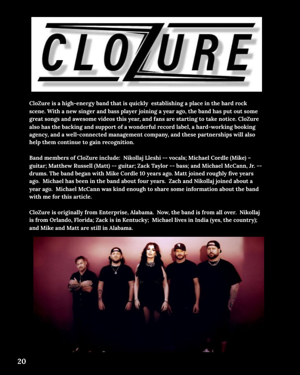The Sound (@thesound228) on Twitter photo The December issue of The Sound 228 Magazine cover article features Alabama rock act, <a href="/officialclozure/">CloZure</a>!
Author <a href="/AschlottAnn/">Ann Schlottman</a> details arrival of new vocalist, Nikollaj Lleshi, recent tour with <a href="/FOZZYROCK/">FOZZY</a> and signing with indie record label <a href="/wakeuprocks/">WakeUpMusicRocks</a>!
linktr.ee/TheSound228 The December issue of The Sound 228 Magazine cover article features Alabama rock act, <a href="/officialclozure/">CloZure</a>!
Author <a href="/AschlottAnn/">Ann Schlottman</a> details arrival of new vocalist, Nikollaj Lleshi, recent tour with <a href="/FOZZYROCK/">FOZZY</a> and signing with indie record label <a href="/wakeuprocks/">WakeUpMusicRocks</a>!
linktr.ee/TheSound228