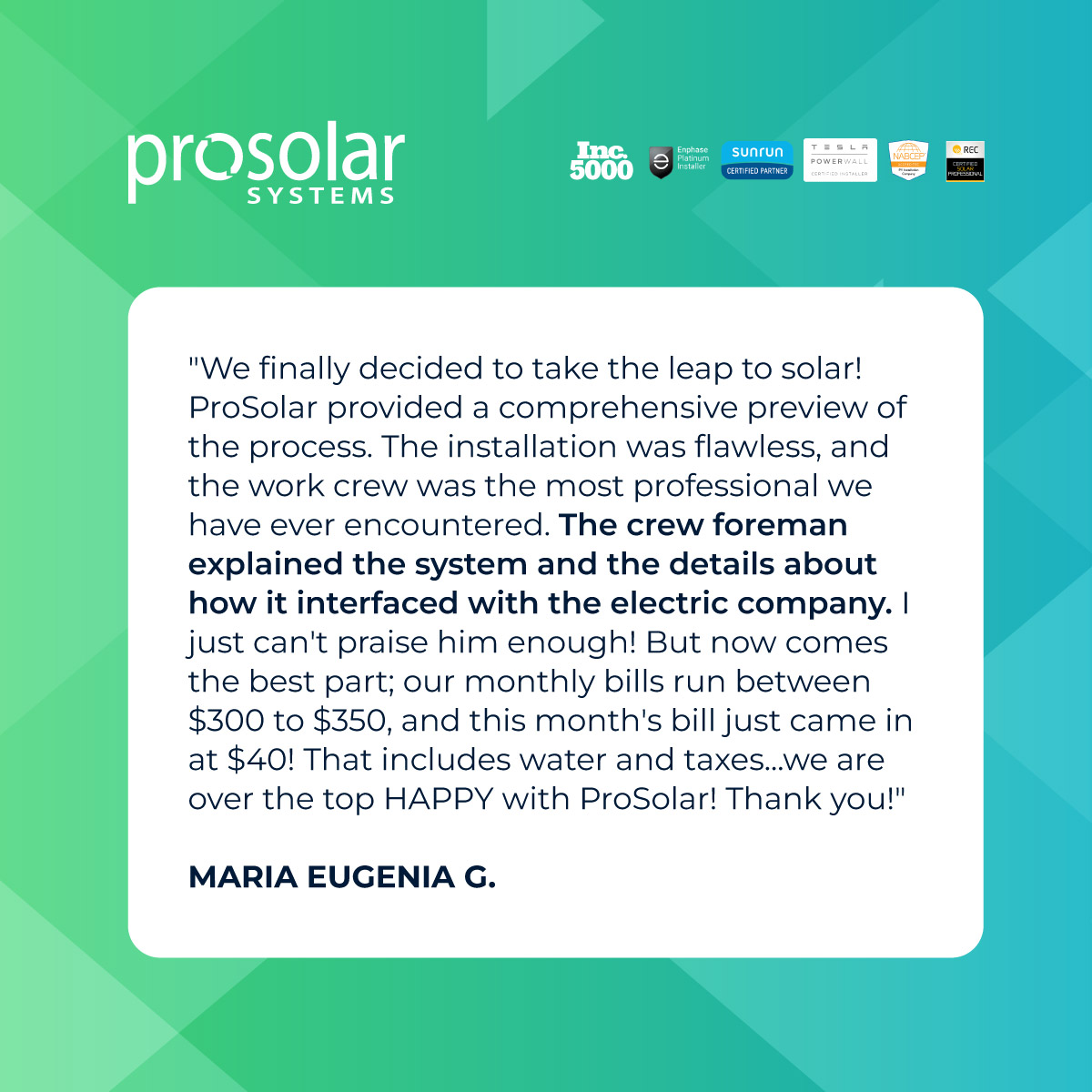 ProSolarCali's tweet image. "Over the top HAPPY with ProSolar!" 🌞 Maria's bill dropped to $40 thanks to solar! 💡 Ready for savings? Visit prosolarcalifornia.com and take the leap!

#SolarEnergy #ProSolarCalifornia #EnergySavings #RenewableEnergy #SustainableLiving #SolarPower #CustomerTestimonial