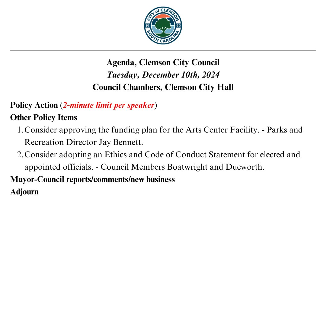 The Clemson City Council will hold a regularly scheduled council meeting today, December 10th at 6:30 PM in Council Chambers. The agenda for this meeting can be found on our website. The livestream for this meeting can be found on our YouTube page.