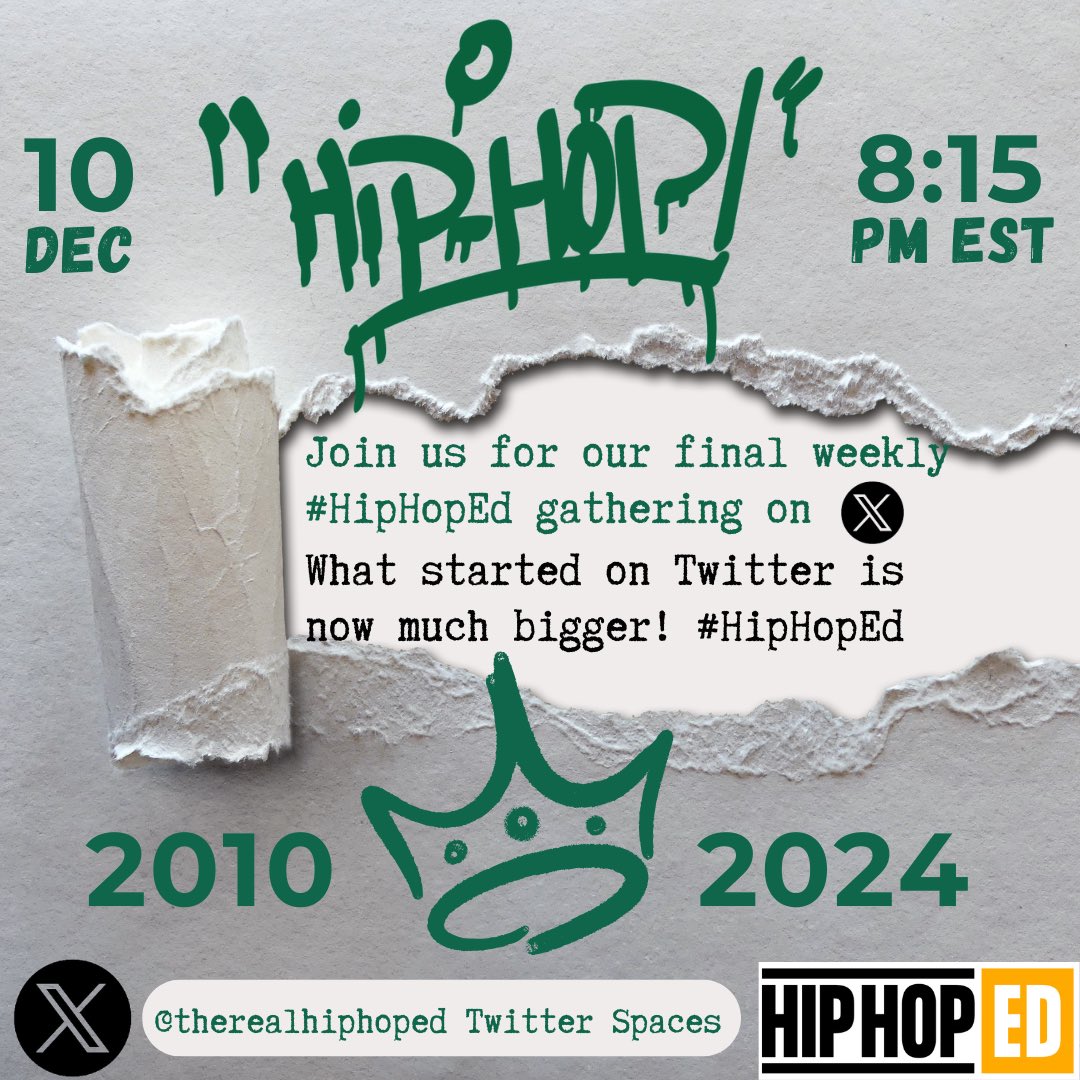 Tonight 8:15 pm EST Join us for our final #HipHopEd spaces on this platform. We will celebrate as we reflect and share thoughts about how we started and will move forward. #NikkiGiovanni