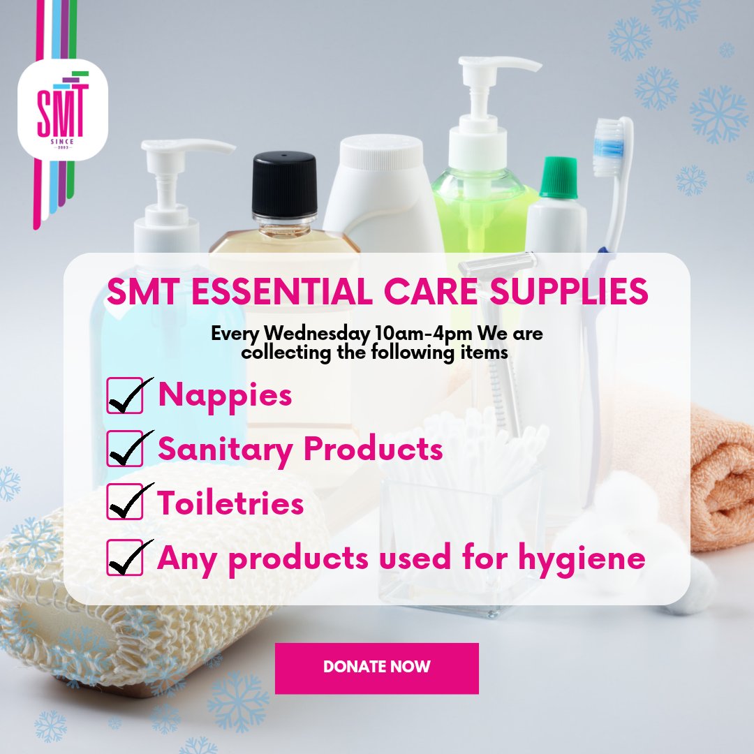 "📢 Every Wednesday, 10 AM - 4 PM
 Donate hygiene products to SMT! 
In these challenging times, your generosity can make a real difference in helping people stay clean, healthy, and dignified. 🧼✨
#CommunityCare #DonateForGood #WinterSupport"