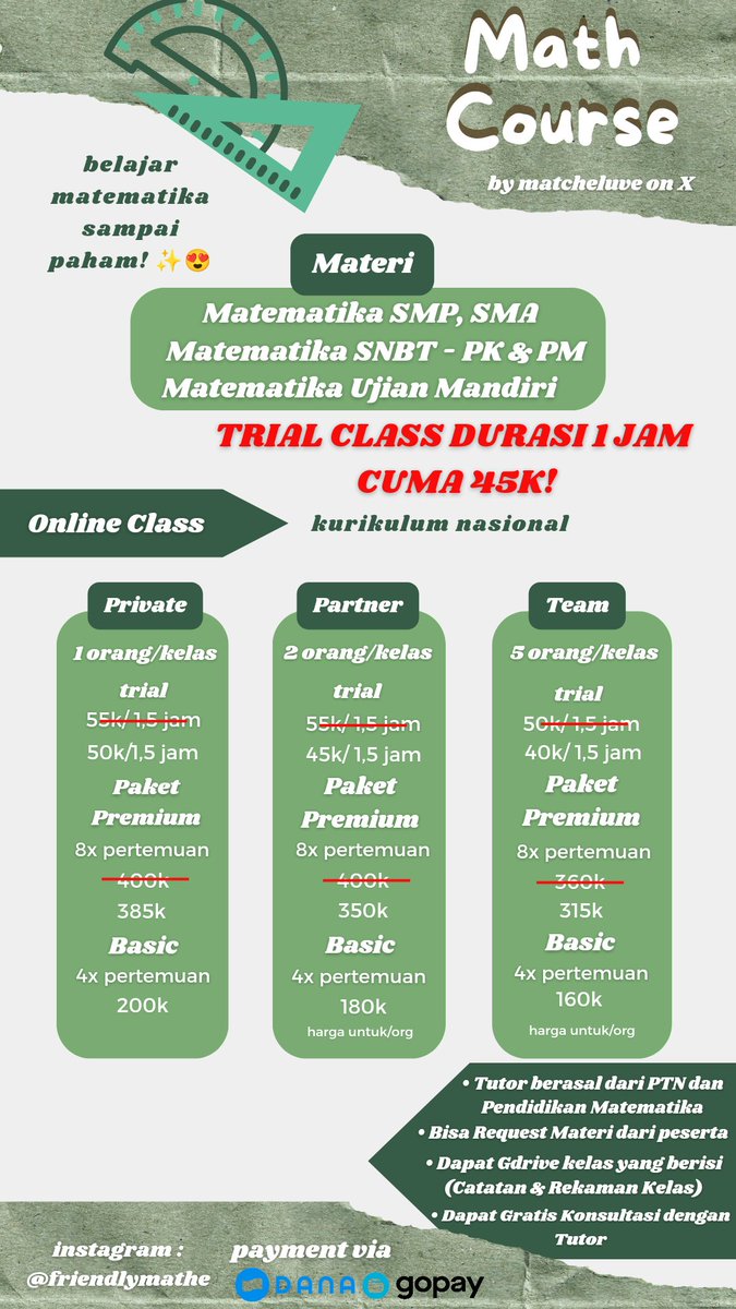 matcheluve's tweet photo. gmanaaa buat yang dik adik SMP-SMA sudah selesai kan ASASnya? semoga memuaskan ya hasilnya, aamiin. buat yang kelas 12 gimana persiapan SNBTnya? hihihi. ku mau infoin new price list menjelang akhir 2024 nih, yuk joinn! bisa dm aku dlu untuk tanya2🫰🏻🥰
#zonauang️ #lesmatematika https://t.co/yfDRj54iE8