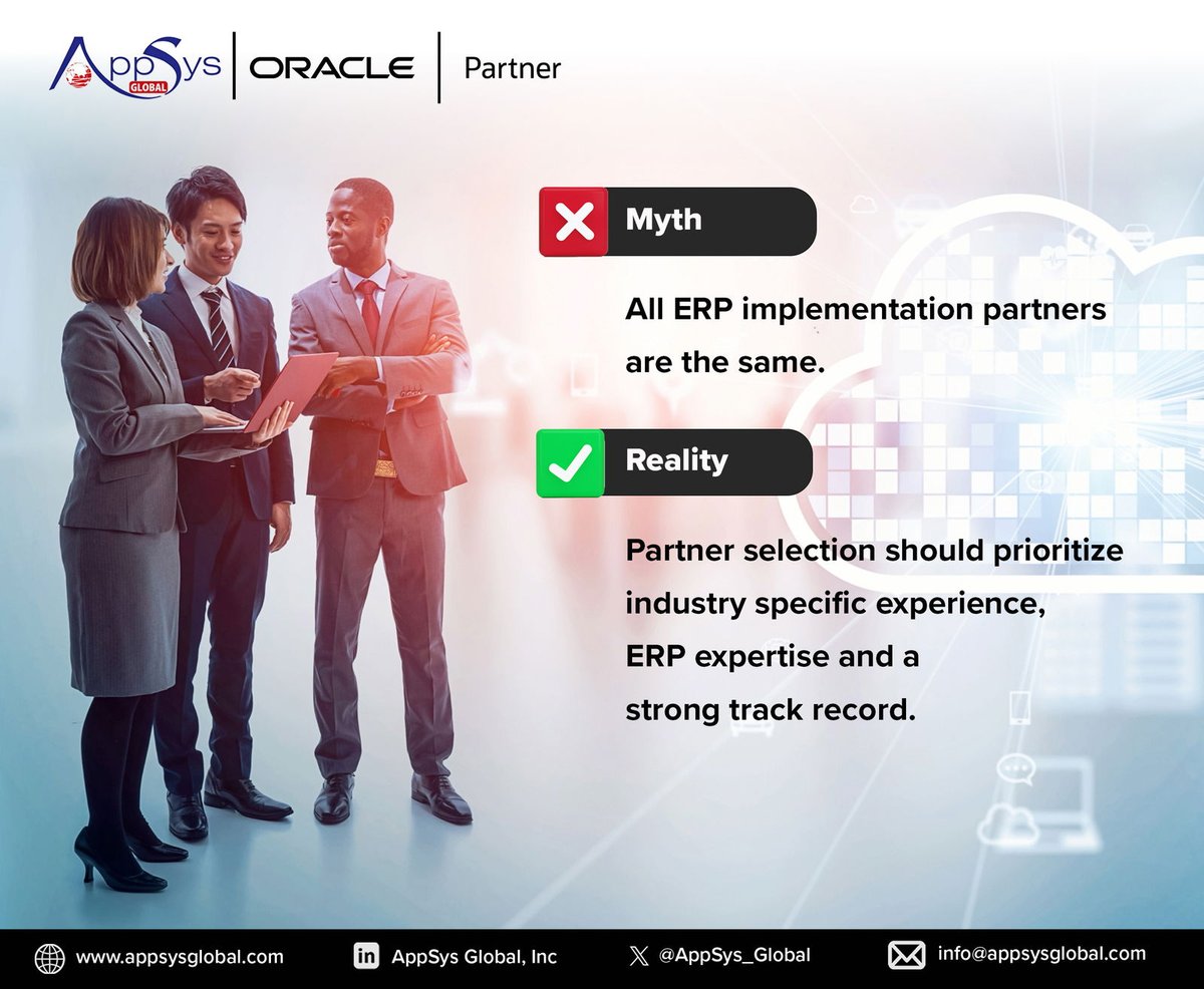 AppSys_Global's tweet photo. Bust the myth! Not all ERP implementation partners are created equal. Choose your partner wisely - the one with industry-focused experience, proficiency in your chosen ERP software and a robust portfolio of successful implementations.

Visit us @ https://t.co/tmiZsWh5tr https://t.co/AiPZugvivm