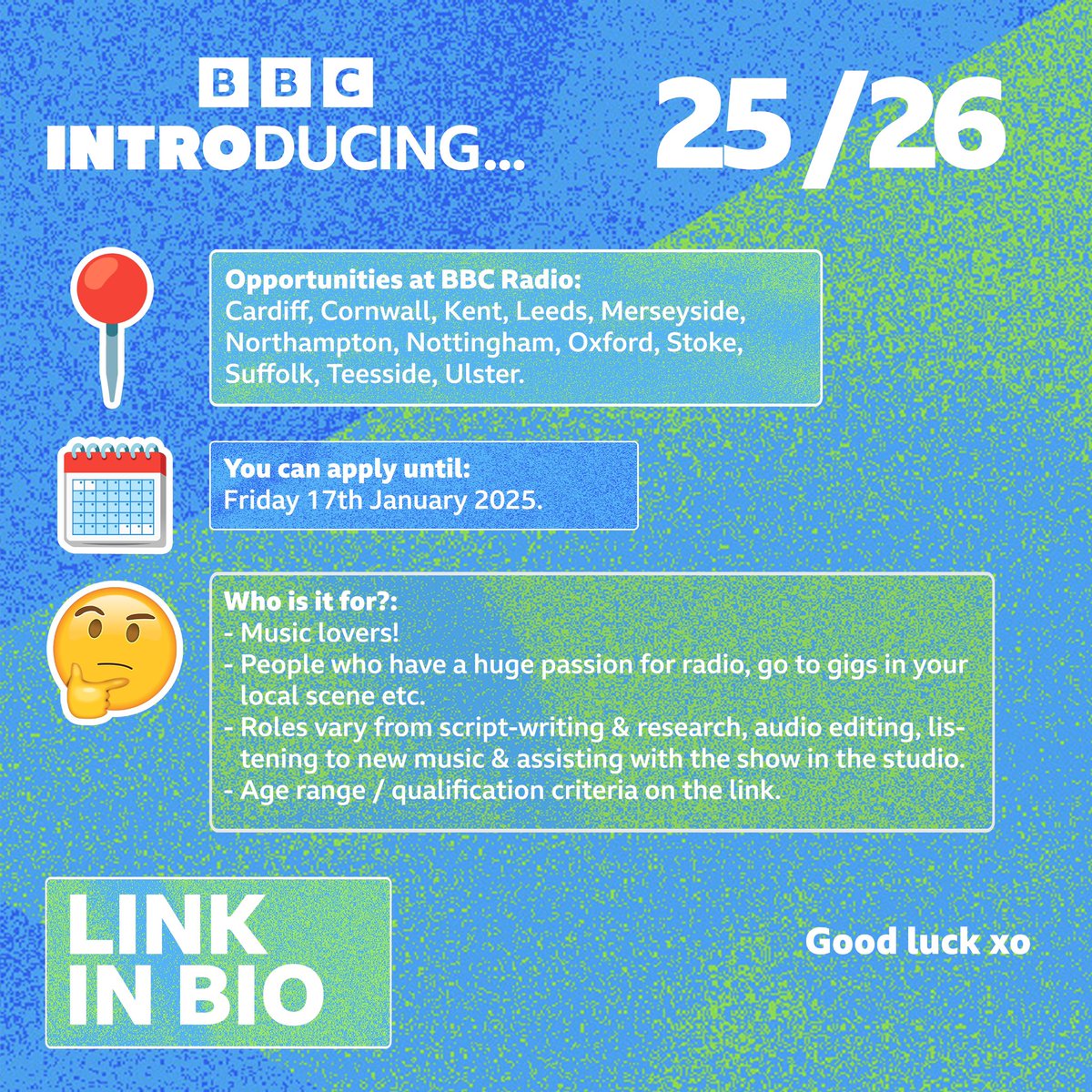 bbcintroducing's tweet image. Are you a new music obsessive? 🤔
Do you love your local scene, radio, and helping artists at the start? 👀
Well, we’re delighted to share there are 12 new Apprenticeships running from Sept 2025 in the Introducing family.
🔗 careers.bbc.co.uk/content/EC_Adv…