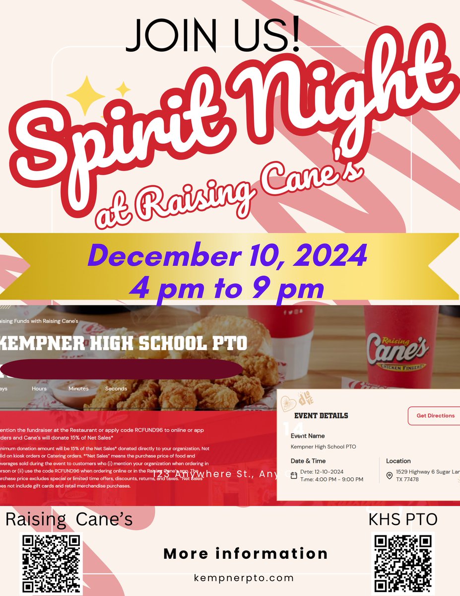 Join us tonight at Cane's to support KHS PTO! 
Indicate in the drive thru or at the register that you wish to donate your receipt to the KHS PTO. 
All KHS PTO fundraising goes back to KHS. 
The KHS PTO supports all KHS students, staff, and teachers. 
Help us help KHS!