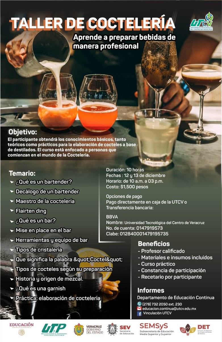 utcveracruz's tweet photo. Taller de coctelería, próximo 12 y 13 de diciembre. Inscríbete al 278 732 2050 ext 230 o al correo educacion.continua@utcv.edu.mx https://t.co/BlInV0gPrX