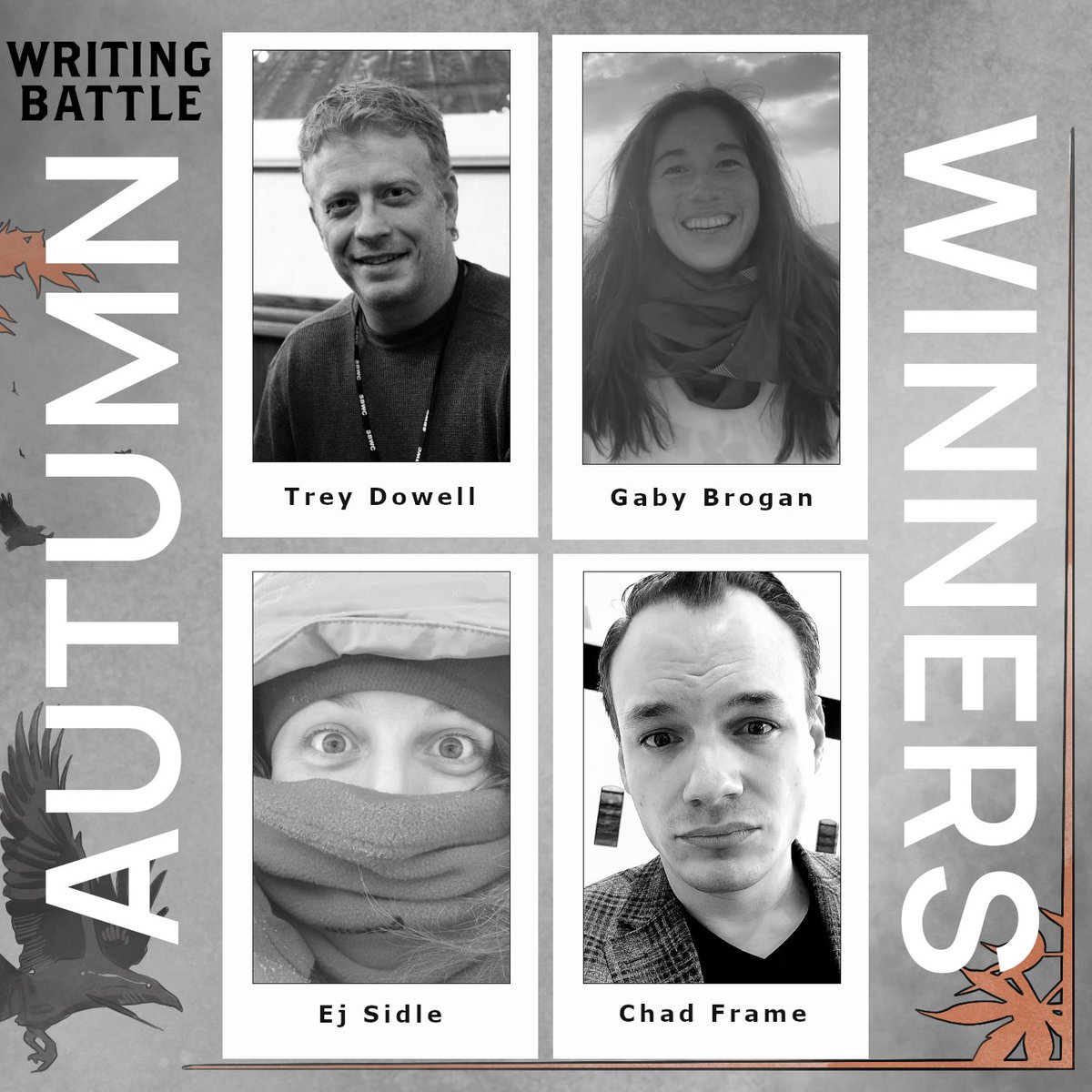 The four Autumn 2024 Battle winning stories have been added to the Past Winners page and include interviews with the authors!

A Good Spy by Trey Dowell <a href="/treydowell3/">Trey Dowell</a> 
The Library of Time by Gaby Brogan
My Invincible Summer by Chad Frame <a href="/chadryanframe/">Chad Frame</a> 
The Hydrologist by Ej Sidle