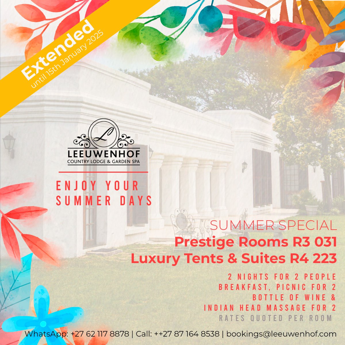 🌞 Summer Special Extended! 🌿
Luxury escapes now available until 15th January 2025!

✨ From just R3,031 per room, enjoy:
💆‍♀️ Indian Head Massage
🍷 Wine &amp; Picnic for 2
🏡 2 Nights of pure bliss!

📱 Book now: +27 62 117 8878 | bookings@leeuwenhof.com