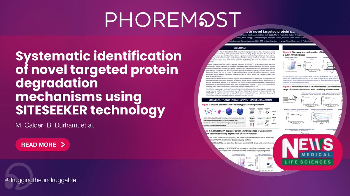 PhoreMost (@phoremostltd) on Twitter photo Two months after @ELRIG_UK Drug Discovery, it’s great to see the conversations and insights continuing!
Check out our poster “Uncovering New Pathways for Targeted Protein Degradation" on <a href="/NewsMedical/">News Medical</a>: tinyurl.com/2bmzhs66
#TPD #DegraderTherapeutics Two months after @ELRIG_UK Drug Discovery, it’s great to see the conversations and insights continuing!
Check out our poster “Uncovering New Pathways for Targeted Protein Degradation" on <a href="/NewsMedical/">News Medical</a>: tinyurl.com/2bmzhs66
#TPD #DegraderTherapeutics