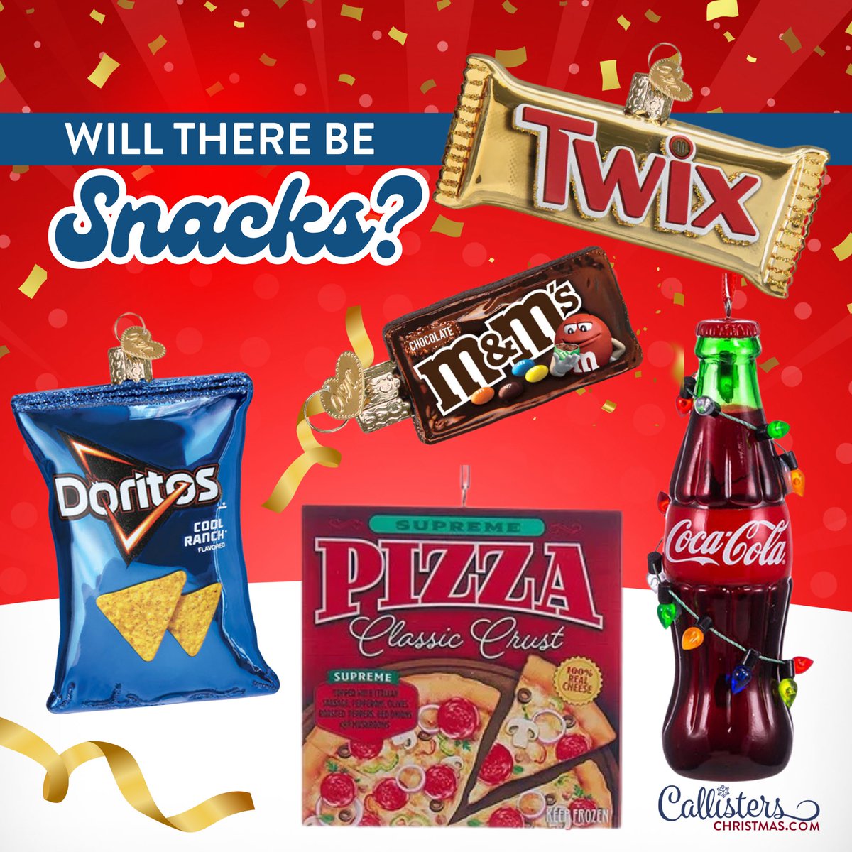 CallistersChr's tweet photo. 🎁 Perfect for Secret Santa, ornament exchanges, and stocking stuffers. Find Frito-Lay salty snacks, M&amp;M Mars candy, and Coca-Cola products.
🍕🍫🥤
#coolranchdoritos #twix #mandms #cocacola #pizza #foodornaments #foodgifts #oldworldchristmas  #glassornaments #callisterschristmas https://t.co/ub1lpGBu0E
