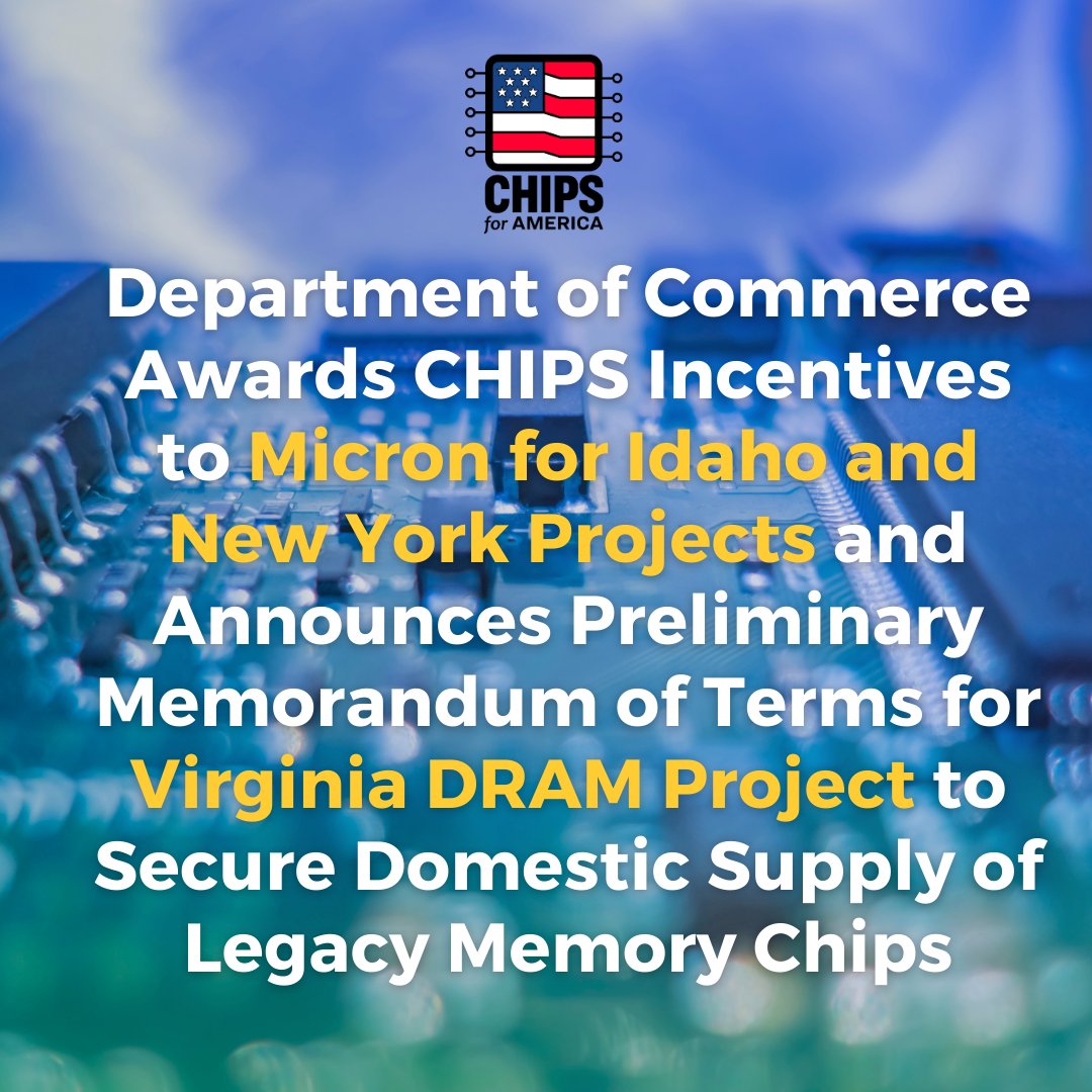 #NEWS: Today, the Biden-Harris Administration announced that <a href="/CommerceGov/">U.S. Commerce Dept.</a> awarded <a href="/MicronTech/">Micron Technology</a> up to $6.165 billion in direct funding under the CHIPS Incentives Program’s Funding Opportunity for Commercial Fabrication Facilities.

Learn more: commerce.gov/news/press-rel…
