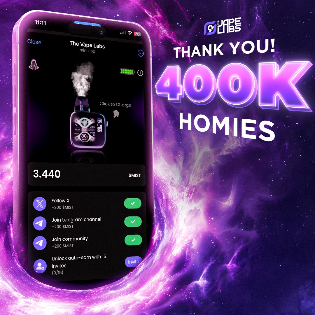 🔥 400K Strong on TheVapeLabs Bot! 🔥

We’ve hit a huge milestone, fam! 🚀 400,000+ users are now vibing with #TheVapeLabs Bot! 💨💜

This is just the beginning. We’re building something real here - where smart tech, innovation, and vaping culture collide. Big things are coming,