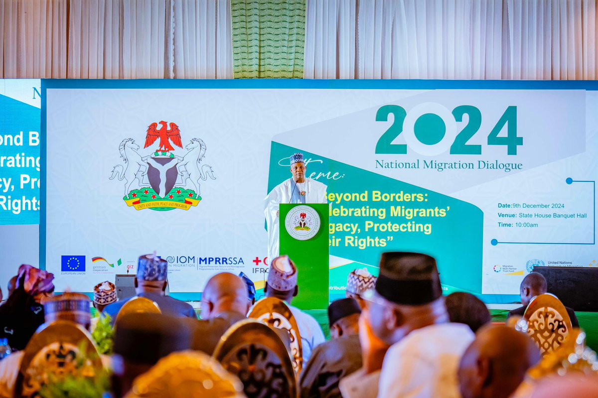 Police_Boi's tweet photo. The minister of Labour and employment Alh.Dr. Muhammad maigari dingyadi has  attended 10th Annual National Migration Dialogue with the theme, “Beyond Borders: Celebrating Migrants’ Legacy, Protecting Their Rights,” held at the Banquet Hall of the Presidential Villa, Abuja. https://t.co/I9SLs7B7qN